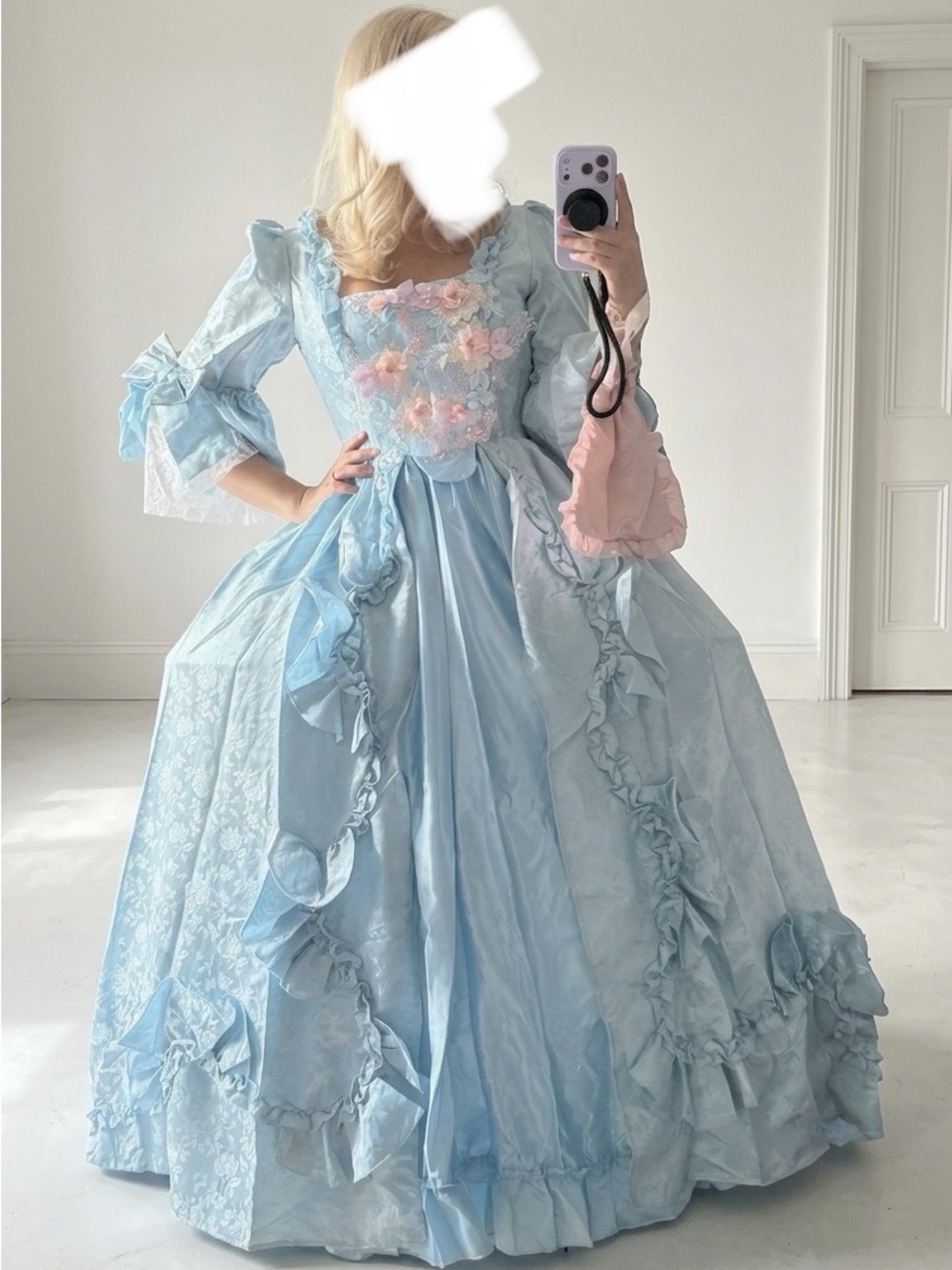 Vintage-Inspired Light Blue Rococo Ball Gown with Pink Floral Detail